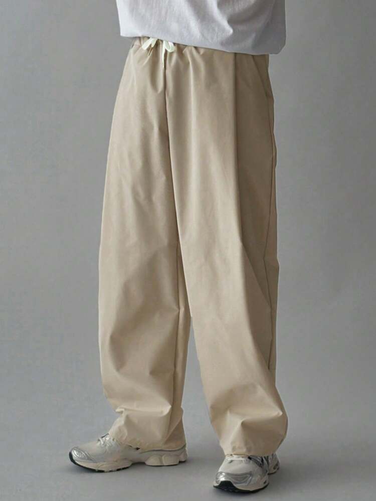 Men's Long Beige Elastic Waist Pleated Design Pants