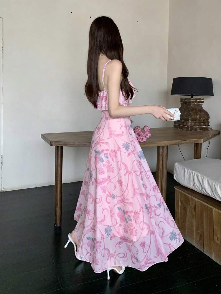 Casual Elegant Ditsy Floral Pink Mid-Length Dress, Spring & Summer Sun Dresses For Women Vacation Outfits Women