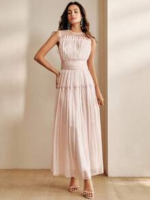 Anewsta Elegant Round Neck Sleeveless Chiffon Dress, Suitable For Dates, Afternoon Tea, Vacation, Light Gatherings, New Spring/Summer Design For Women - Pink - View 5