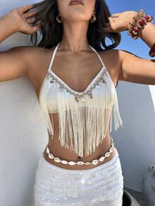 Aloruh 女士纯色流苏度假风吊带上衣 - 杏色 - 查看 4