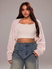 Plus Size Women's Spring/Autumn Casual Vacation & Commute Solid Color Batwing Sleeve Cropped Lightweight Cardigan - Baby Pink - View 8