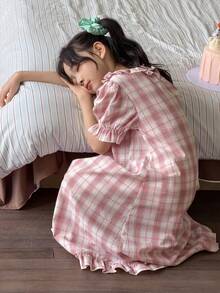 DAZY Girls' Plaid Short Sleeve Long Dress Sleepwear, Loose Lightweight Summer Pajamas, Plus Size - Pink - View 2