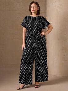 SHEIN Clasi Plus Size Polka Dot Print Round Neck Casual Short Sleeve Jumpsuit - Black - View 7