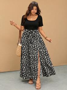 SHEIN Elaquor Plus Size Casual Floral Patchwork High Slit Dress Zoey Outfit Women Casual Outfits Women Dress New Arrival Dress Floral Dress Women - Multicolor - View 3