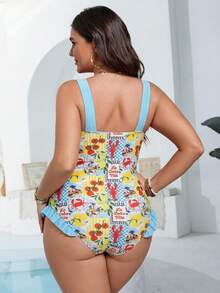 Swim Vcay Plus Size Women's One-Piece Swimsuit With Bow Decor All-Over Print, Suitable For Beach Vacation, Pool Party, Beach Party - Multicolor - View 2