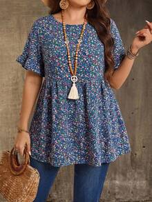 EMERY ROSE 大码休闲碎花衬衫 - 藍色 - 查看 3