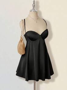 SHEIN ICON 纯色极简性感交叉露背A字迷你连衣裙 - 黑色 - 查看 6