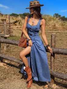 Breezaya Women's Casual Single-Breasted Strap Denim Dress - Blue - View 6