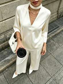 Modelyn V-Neck Tie Flare Sleeve Satin Blouse & Loose Wide Leg Pants 2 Pieces Set, Champagne Color - Champagne - View 5