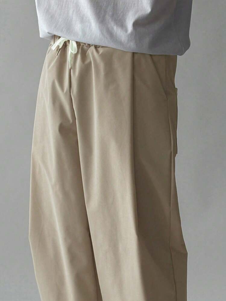 Men's Long Beige Elastic Waist Pleated Design Pants