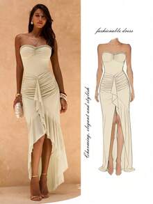 SHEIN Glamour Vestido corto de mujer de malla beige con escote de corpiño y volante en el bajo, vestido de fiesta de boda, vestido de cóctel de boda, vestido de verano con abertura, vestido elegante para fiestas, vestido maxi con volantes y escote corazón, vestido de fiesta, graduación, banquete, cumpleaños, celebración elegante y glamorosa para mujer, vestido suave y elástico para festivales y playa - Albaricoque - Ver 5