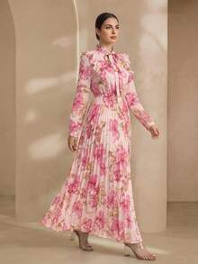 Graceveil Ruffled Tie Neck Pleat Patchwork Floral Print Dress Fall Cloth For Women - Pink - View 2