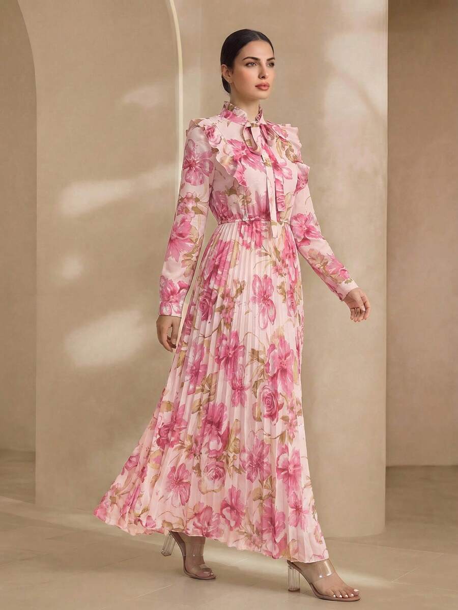 Graceveil Ruffled Tie Neck Pleat Patchwork Floral Print Dress Fall Cloth For Women