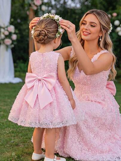 Glamorique Kids Girls Elegant Floral Embroidered Mesh Satin Dress With Bow Back, Suitable For Birthday, Wedding, Party, Stage Performance, Vacation