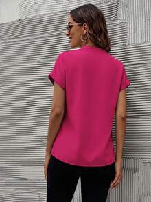SHEIN Clasi Women's Solid Color V-Neck Short Sleeve Casual Shirt - Hot Pink - View 2