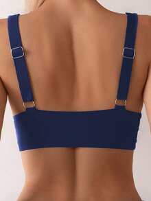 SHEIN Swim Áo bikini không tay cổ chữ V, dây dày, hở lưng, buộc dây dành cho nữ, áo tắm nữ, áo bơi nâng ngực, áo bơi nâng ngực, áo tắm nâng ngực, áo đẹp nhất có tích hợp áo ngực. - Màu xanh hải quân - Xem 2