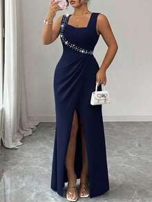 SHEIN Elenzya Đầm dự tiệc/cocktail dáng đuôi cá cỡ lớn, không tay, cổ vuông, đính ngọc trai, ôm eo, xếp ly, xẻ tà, thanh lịch, lãng mạn, tinh tế dành cho nữ. - Màu xanh hải quân - Xem 1