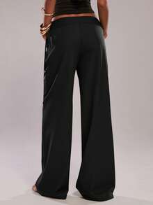 SHEIN BAE Brown Casual Beaded Decor Wide Leg Pants/Relaxed Fit Trousers, Suitable For Vacation, Commute, Outing, Summer - Black - View 2