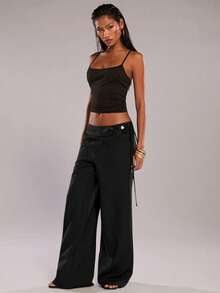 SHEIN BAE Brown Casual Beaded Decor Wide Leg Pants/Relaxed Fit Trousers, Suitable For Vacation, Commute, Outing, Summer - Black - View 4
