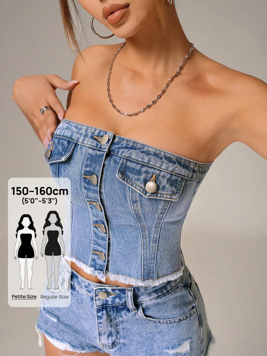 SHEIN PETITE 女士夏季休闲前扣吊带牛仔上衣 - 藍色 - 查看 1