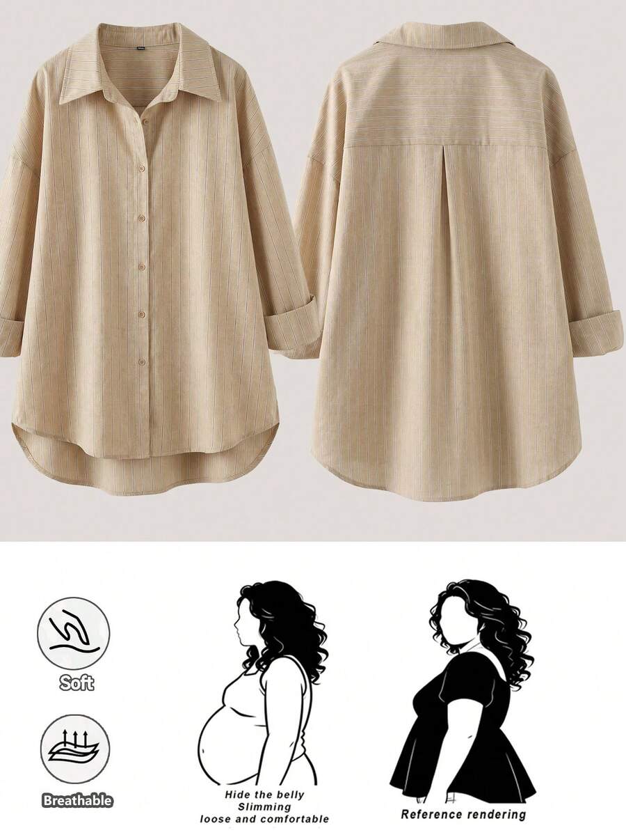 SHEIN CURVE+ Plus-Size Women's Shirt,Khaki,Summer,Smart Casual,Everyday,Brown Striped Button-Up,Spring Fashion Loose And Comfortable Slim-Fitting Work Top,Basic - Apricot - View 1
