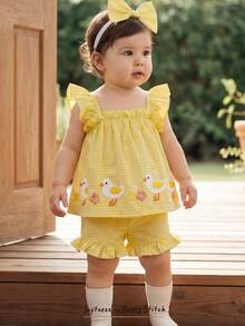 Cozy Pixies Baby Girl Floral Print Square Neck Ruffle Sleeveless Top And Elastic Waist Shorts 2-Piece Set - Yellow - View 6