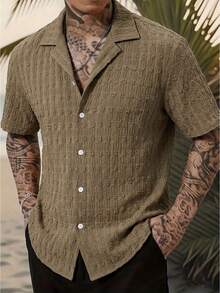 EGENSIO 男士夏季纹理短袖衬衫，百搭休闲衬衫，可与多种单品搭配 - 咖啡棕 - 查看 1