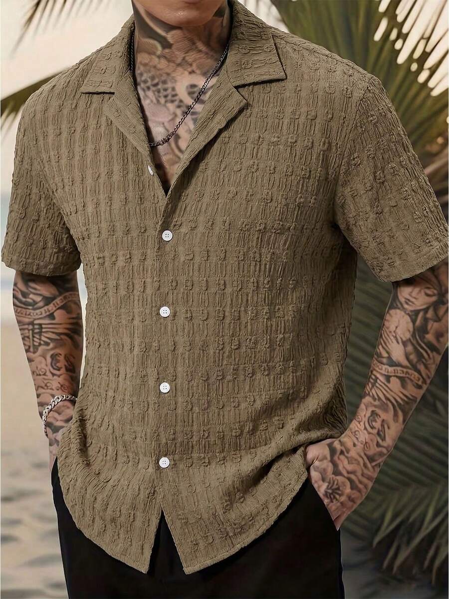 EGENSIO 男士夏季纹理短袖衬衫，百搭休闲衬衫，可与多种单品搭配 - 咖啡棕 - 查看 1