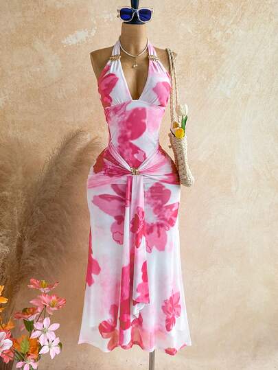 Soleia Women's Summer Vacation Beach Floral Print Tie-Neck Backless Dress