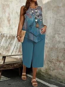 SHEIN LUNE Conjunto casual feminino plus size de duas peças, estampa floral vintage azul, verão - Multicolorido - Ver 4