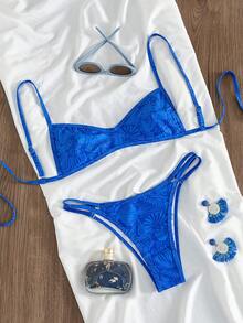 Swim Mod 春夏新款甜美蓝底贝壳印花系带两件式三点高衩三角比基尼套装，性感聚拢泳装，适合女士海滩度假 - 彩色 - 查看 2