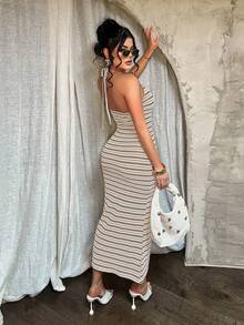 SHEIN SXY 女士时尚简约条纹沙滩度假连衣裙 - 卡其色 - 查看 2