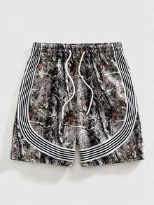 ROMWE MEN Street Life Men's Branch Stripe Print Drawstring Waist Shorts - Multicolor - View 1