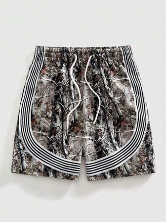 Street Life Pantaloncini da uomo con stampa a righe e rami, vita con coulisse