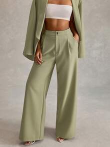 SHEIN Cottnline Women Button Detailed Wide Leg Pants - Olive Green - View 5