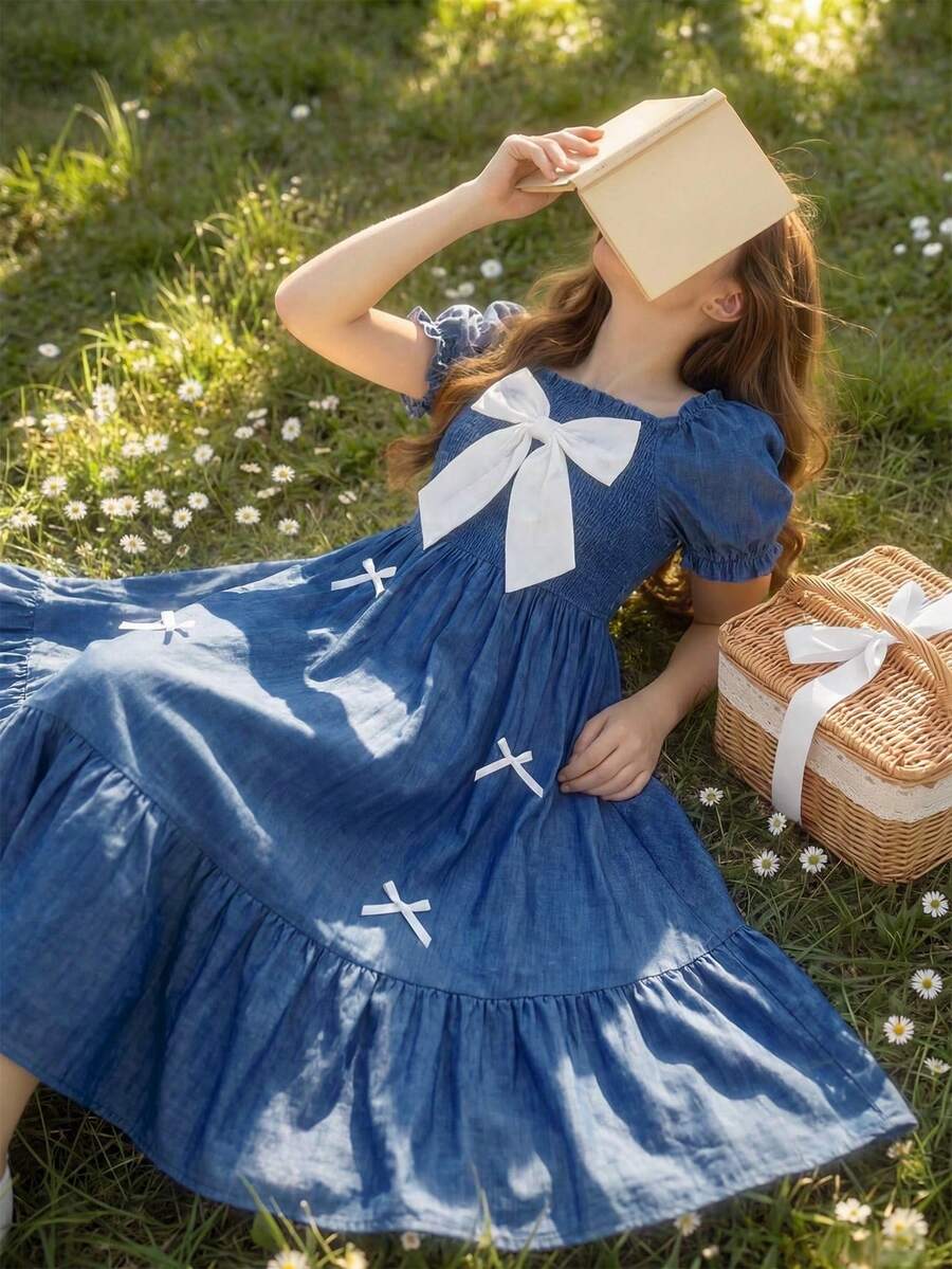 SHEIN 青少年女孩純色泡泡袖短洋裝，大蝴蝶結甜美方領彈性腰休閒夏季度假洋裝
