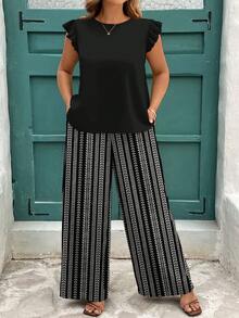 EMERY ROSE Conjunto de 2 piezas de talla grande con top negro de manga corta casual y pantalones a rayas con estampado retro, conjunto de 2 piezas minimalista con estampado para vacaciones de verano - Multicolor - Ver 3