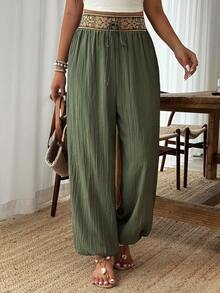 Weeklong Plus Size Women's Casual Vacation Contrast Color Waist Lantern Pants, Suitable For Daily Wear And Vacation - Army Green - View 5