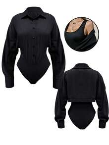 INAWLY Body de manga larga casual para mujer - Negro - Ver 5