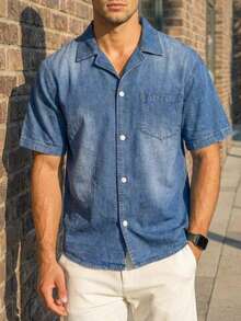 DAZY Washed Blue Denim Short Sleeve Shirt For Men Summer - Blue - View 7