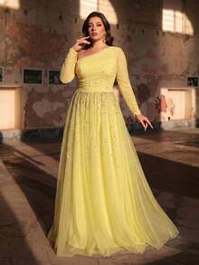 Aureia Gaun Pengantin Musim Panas Kuning Elegan Ukuran Plus, Gaun Pesta Formal Prom Gala Lengan Panjang Transparan Tanpa Bahu dengan Tambalan Jala dan Mutiara serta Berlian Imitasi - Mustard Yellow - View 6