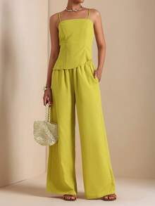Lyxana Set di canotta e pantaloncini casual minimalista a tinta unita, adatto per l'uso quotidiano in estate - Verde - Visualizzare 1