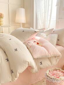 Cirelle Set Sprei 3pcs Motif Pita, Bahan Poliester Lembut Bolak-balik, Warna Krem & Merah Muda, Set Perlengkapan Tidur dengan Resleting & 2 Sarung Bantal (Tanpa Isian) - MultiWarna - View 7