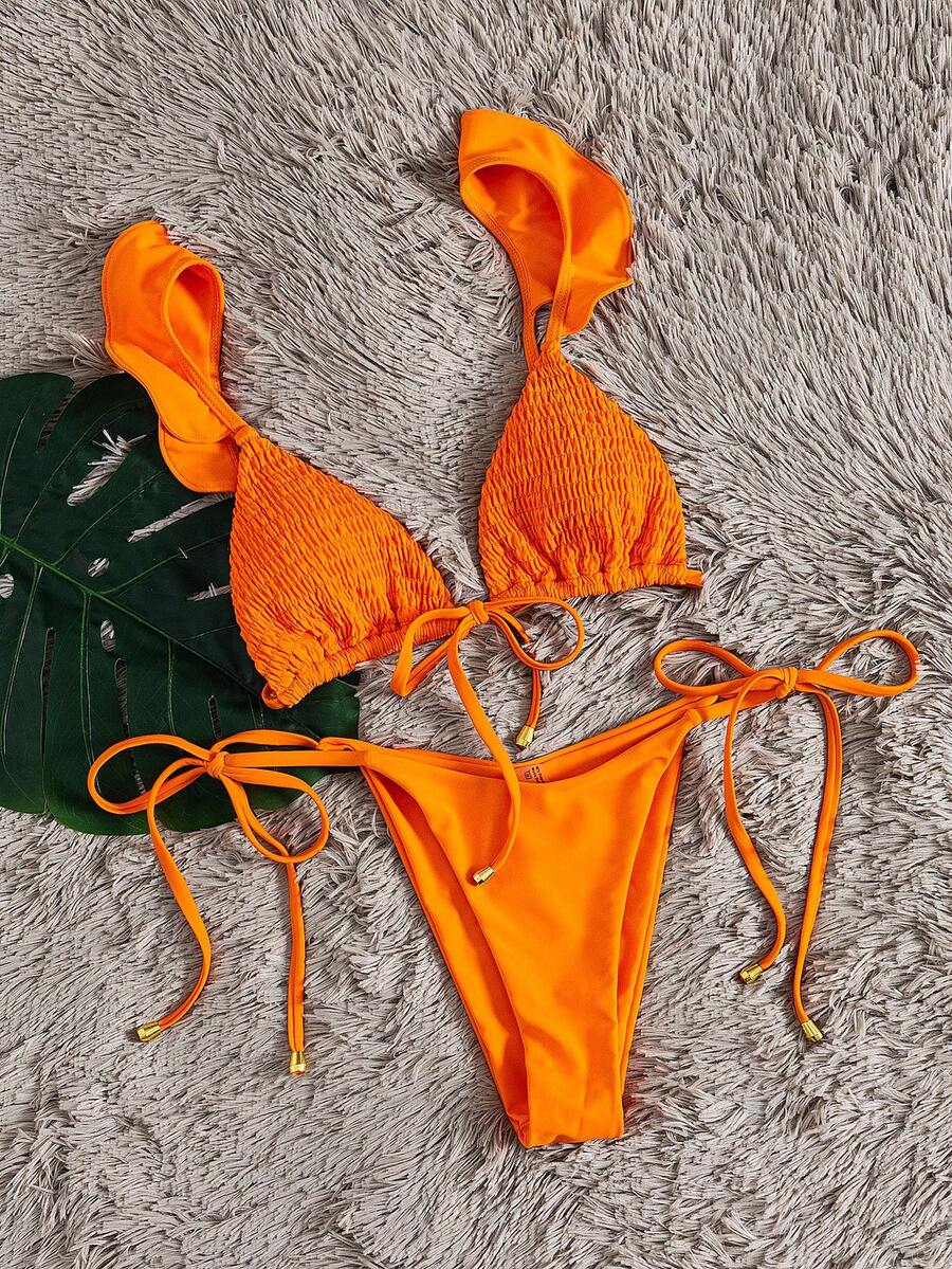 Swim Vcay Set de 2 piezas de bikini casual de mujer para playa y vacaciones, con volantes y lazos laterales en color naranja sólido - Naranja - Ver 1