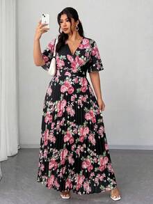 Elenzga Đầm maxi xếp ly họa tiết hoa mùa xuân/hè mới về dành cho nữ cỡ lớn, tay phồng ngắn, cổ chữ V sâu, eo thắt. Thích hợp cho những kỳ nghỉ lãng mạn, hẹn hò, du lịch, dạo phố, lễ hội âm nhạc và những dịp lãng mạn. - màu đen - Xem 1