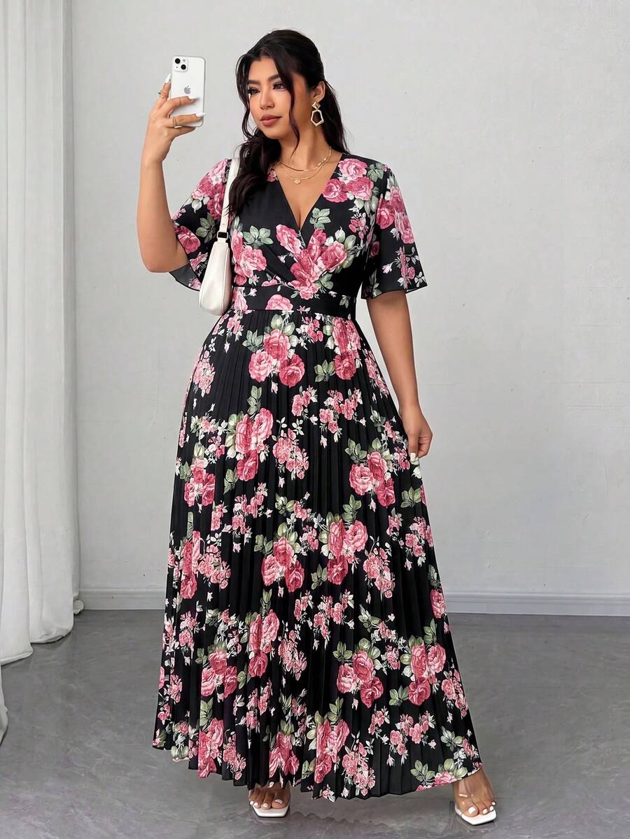 Elenzga Đầm maxi xếp ly họa tiết hoa mùa xuân/hè mới về dành cho nữ cỡ lớn, tay phồng ngắn, cổ chữ V sâu, eo thắt. Thích hợp cho những kỳ nghỉ lãng mạn, hẹn hò, du lịch, dạo phố, lễ hội âm nhạc và những dịp lãng mạn. - màu đen - Xem 1