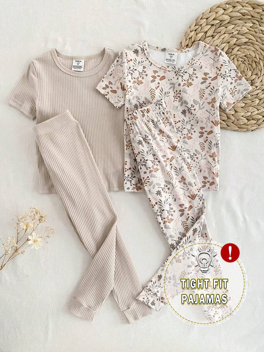 SHEIN 4件套女童花卉叶子印花休闲舒适短袖上衣和打底裤家居服套装 - 彩色 - 查看 1