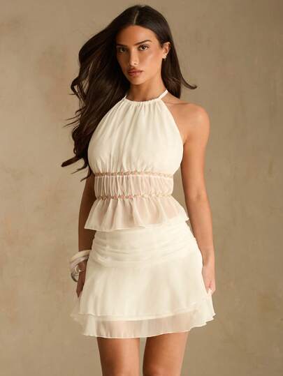 Glamine Charm Embroidered Trim Decorated Top + Low Waist Mini Skirt Women's Summer Vacation White Suit