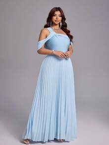 Viva Relle Plus Size Women Solid Color Asymmetric Neck Pleated Casual Party Dress - Blue - View 5