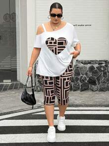 SHEIN CURVE+ 大码女式休闲运动宽松爱心印花两件套，夏季女装，外出套装，两件套裤子，套装，骑行短裤套装，印花女式T恤套装，教师服装 - 彩色 - 查看 6